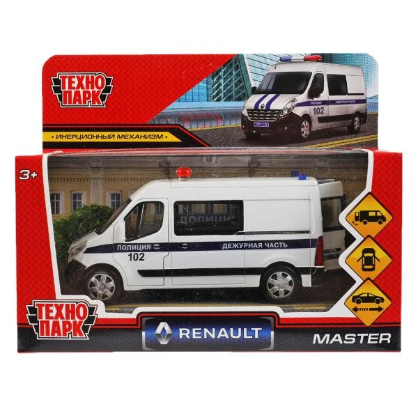 Машина металл RENAULT master ПОЛИЦИЯ длина 14 см, двери, инерц, белый, Технопарк