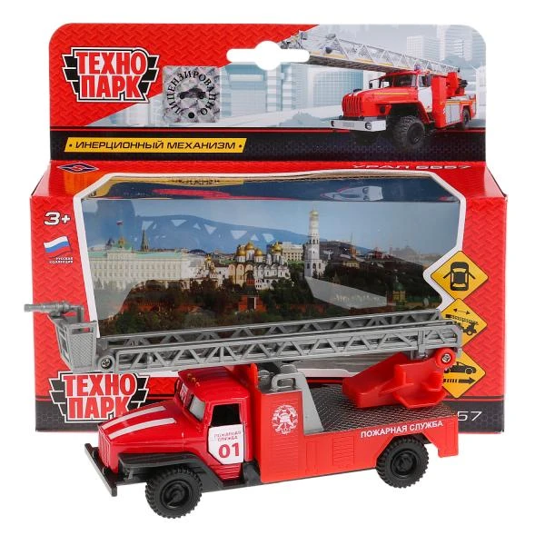 Машина металл УРАЛ ПОЖАРНАЯ, 12 см, дв., багаж., подвиж. дет., инерц., Технопарк