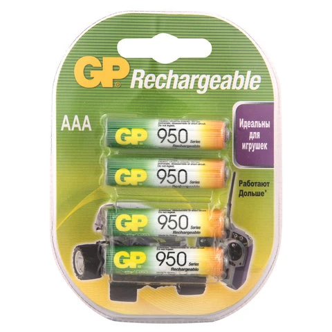 Батарейки аккумуляторные GP, AAA, Ni-Mh, 950 mAh, комплект 4 шт., в блистере Батарейки аккумуляторные GP, AAA, Ni-Mh, 950 mAh, комплект 4 шт., в блистере