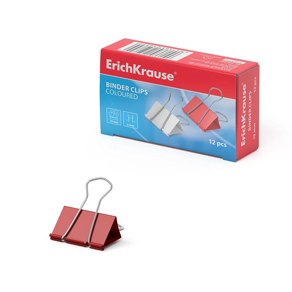 Зажимы для бумаг Erich Krause, 19мм цветной (коробка 12 шт.)