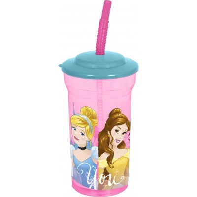 Стакан пластиковый с соломинкой и крышкой (прозрачный, 460 мл). Принцессы