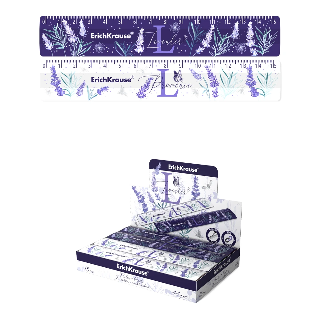 Линейка пластиковая ErichKrause® Lavender, 15см, ассорти из 2 дизайнов, в
