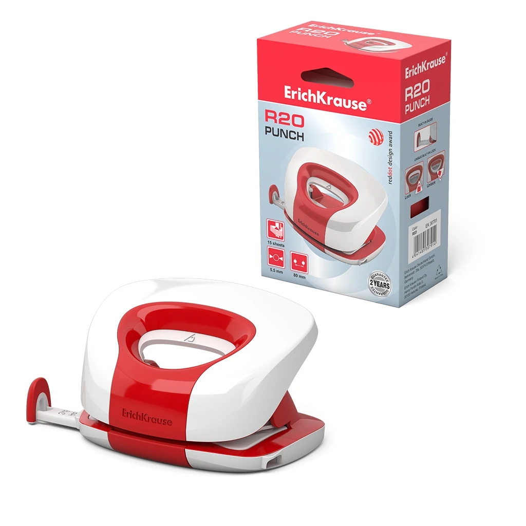 Дырокол Erich Krause® R20 до 15 листов, красный (в коробке по 1 шт.)