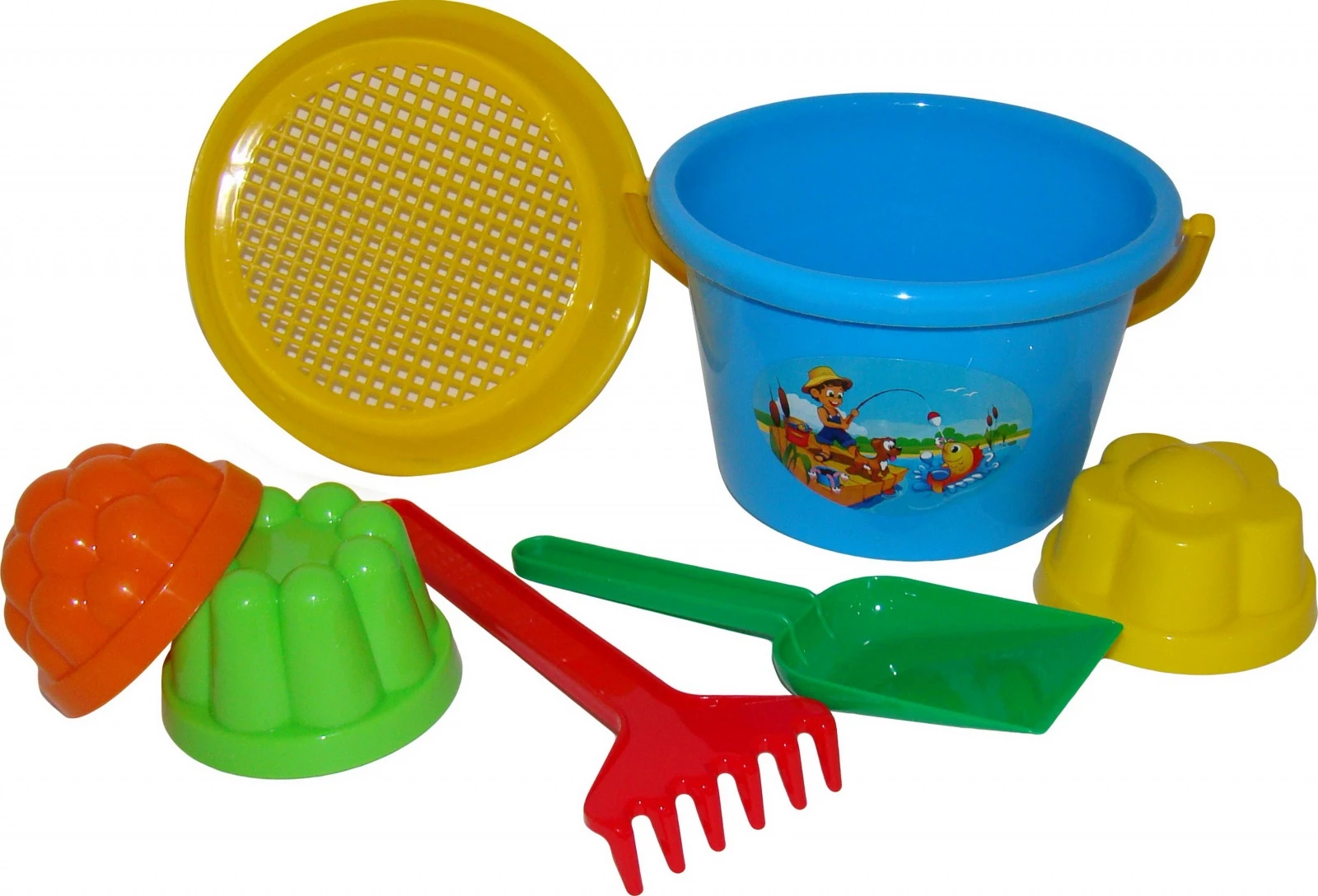 Набор №11 (ведро среднее, ситечко, лопата, грабли, 3 формочки)