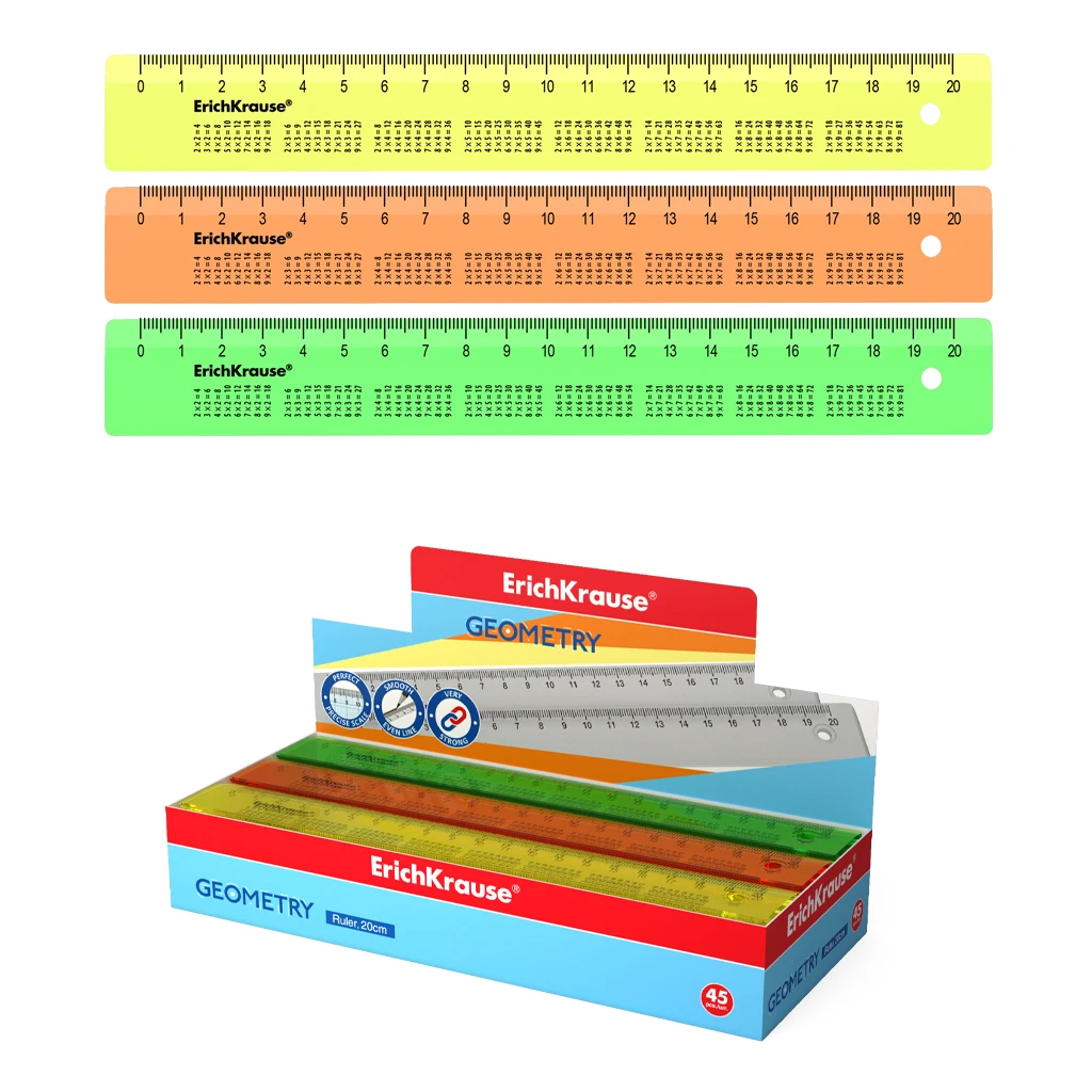 Линейка с таблицей умножения пластиковая ErichKrause® Neon, 20см, ассорти из 3 Линейка с таблицей умножения пластиковая ErichKrause® Neon, 20см, ассорти из 3