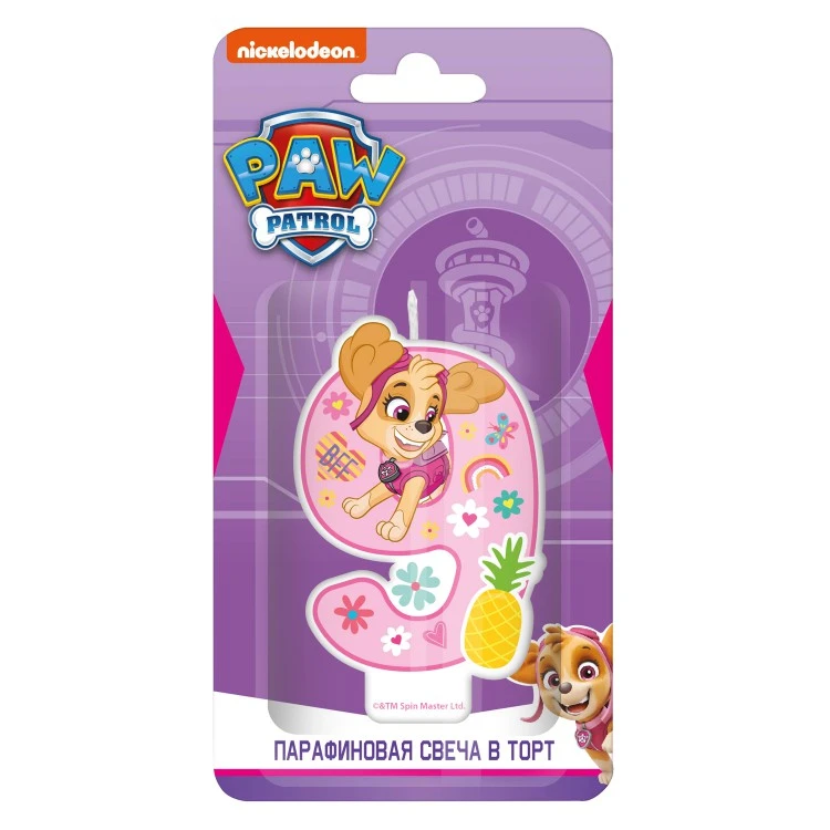 Щенячий патруль. Парафиновая свеча в торт (цифра 9 с героем) для девочек, в Щенячий патруль. Парафиновая свеча в торт (цифра 9 с героем) для девочек, в