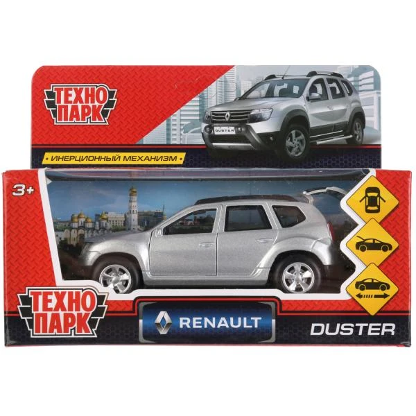 Машина металл RENAULT DUSTER 12 см, двери, багаж, инерц, серебристый, Технопарк