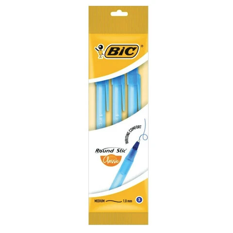 Ручки шариковые BIC "Round Stic", НАБОР 3 шт., СИНИЕ, узел 1 мм, линия Ручки шариковые BIC "Round Stic", НАБОР 3 шт., СИНИЕ, узел 1 мм, линия