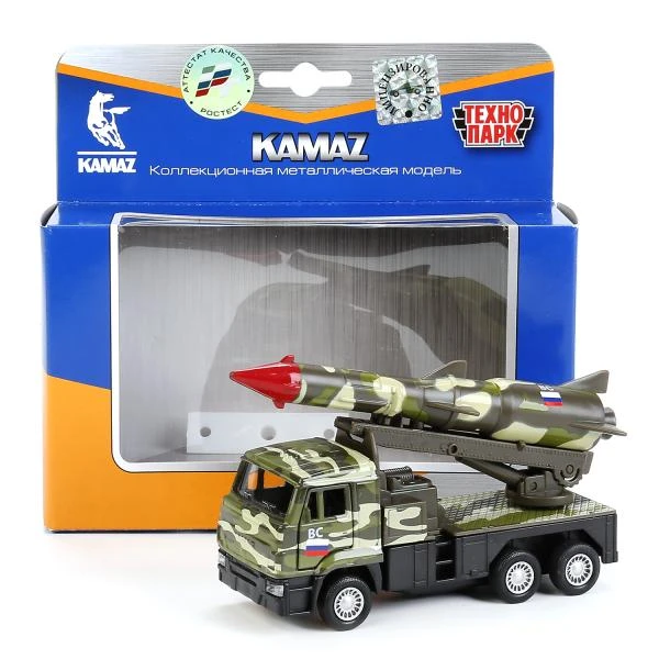 Машина металл KAMAZ с ракетой, 12 см, двери, подв. дет., инер.,зел.кам.,кор