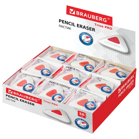 Ластик BRAUBERG "Trios PRO", 36х36х9 мм, белый, треугольный, красный Ластик BRAUBERG "Trios PRO", 36х36х9 мм, белый, треугольный, красный