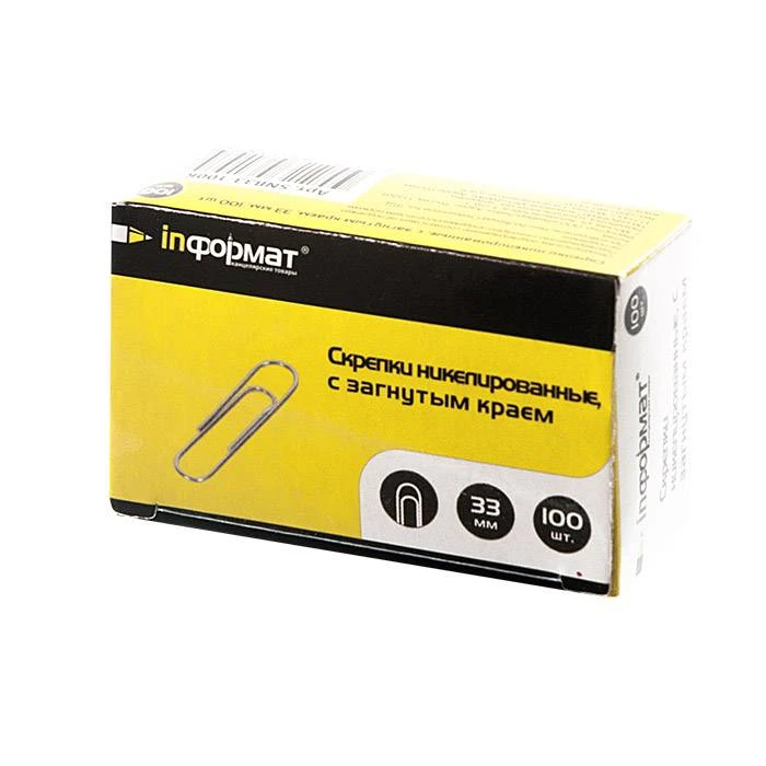 Скрепки inФОРМАТ загн.край серебро никел. 100 шт 33 мм: SNB33-100K штр.: Скрепки inФОРМАТ загн.край серебро никел. 100 шт 33 мм: SNB33-100K штр.: