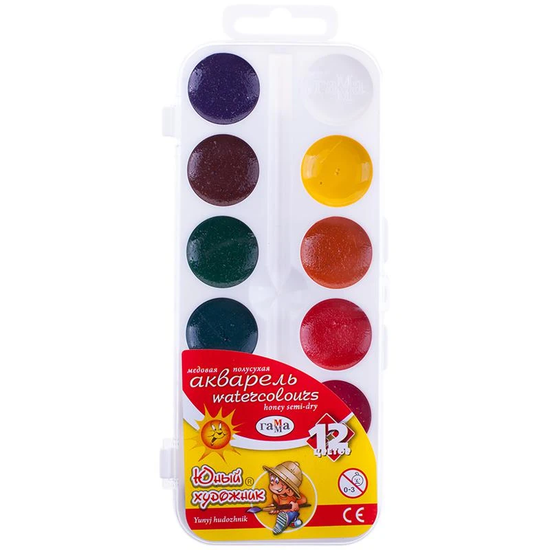 Акварель "Юный художник" 12 цветов, без кисти, пласт. упак. 212071