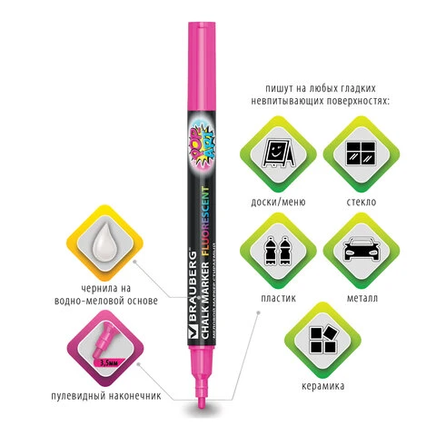 Маркер меловой BRAUBERG "POP-ART", сухостираемый, для гладких