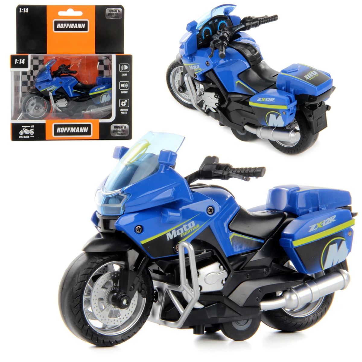 Мотоцикл металлический 1:14 FIGHTER свет/звук, 2 бок. багажн. откр., руль вращ., Мотоцикл металлический 1:14 FIGHTER свет/звук, 2 бок. багажн. откр., руль вращ.,