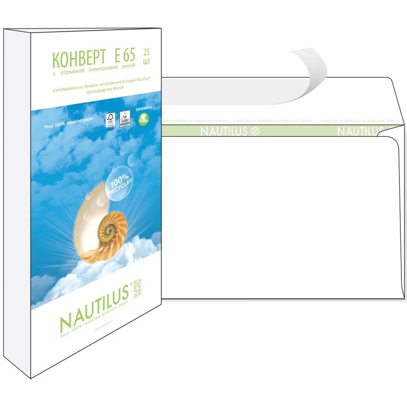 Конверт Nautilus, ЭКО,Е65(110х220мм),стрип, 80г/м2, 25шт/уп штр. 4607160053042 Конверт Nautilus, ЭКО,Е65(110х220мм),стрип, 80г/м2, 25шт/уп штр. 4607160053042