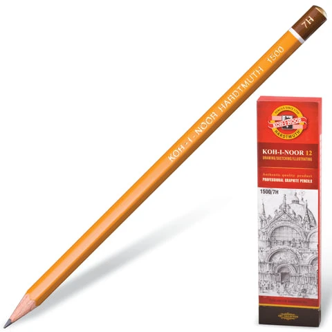 Карандаш чернографитный KOH-I-NOOR 1500, 1 шт., 7H, без резинки, корпус желтый, Карандаш чернографитный KOH-I-NOOR 1500, 1 шт., 7H, без резинки, корпус желтый,