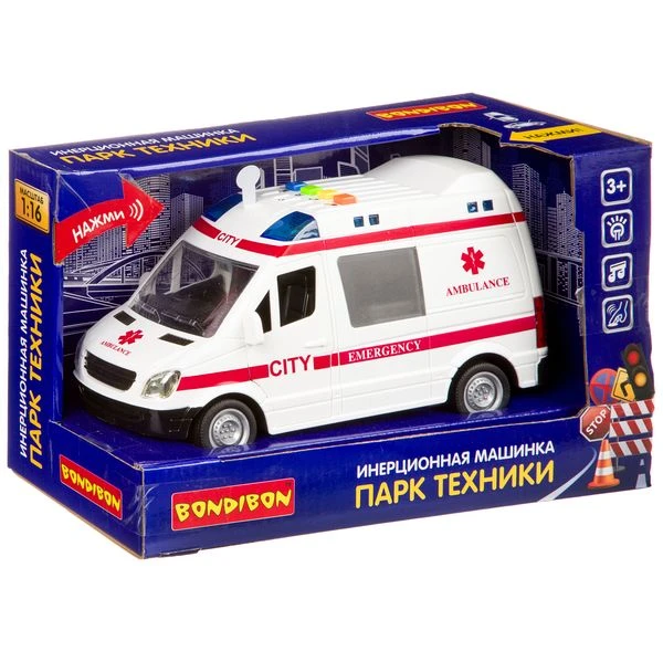 Инерционная машинка Bondibon «ПАРК ТЕХНИКИ», скорая, свет, звук BOX 27,5х12х17. Инерционная машинка Bondibon «ПАРК ТЕХНИКИ», скорая, свет, звук BOX 27,5х12х17.