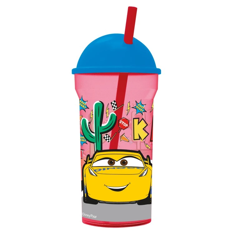 Стакан пластиковый с соломинкой и крышкой-полусферой (прозрачный, 460 мл) Тачки.