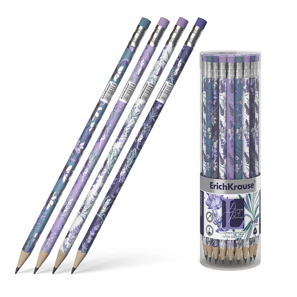 Чернографитный трехгранный карандаш с ластиком ErichKrause® Lavender HB (в Чернографитный трехгранный карандаш с ластиком ErichKrause® Lavender HB (в
