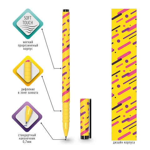 Ручка шариковая BRAUBERG SOFT TOUCH GRIP "LINES", СИНЯЯ, мягкое