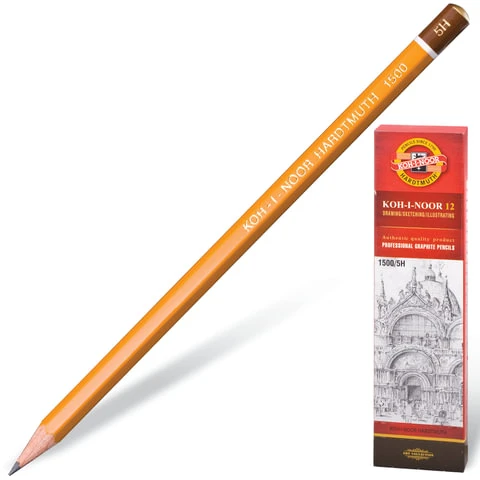 Карандаш чернографитный KOH-I-NOOR 1500, 1 шт., 5H, без резинки, корпус желтый, Карандаш чернографитный KOH-I-NOOR 1500, 1 шт., 5H, без резинки, корпус желтый,