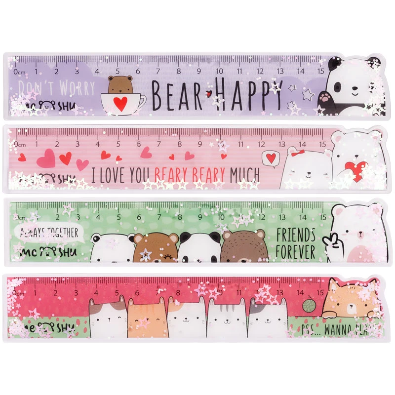 Линейка 15см MESHU "Beary beary", ПВХ с блестками, ассорти, европодвес
