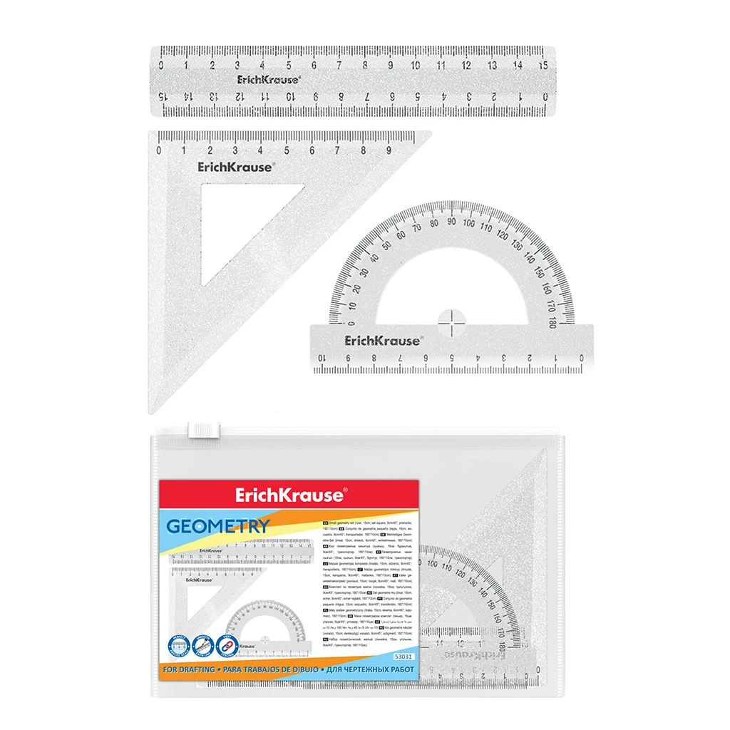 Набор геометрический малый Erich Krause Clear Glitter (линейка 15см, угольник Набор геометрический малый Erich Krause Clear Glitter (линейка 15см, угольник