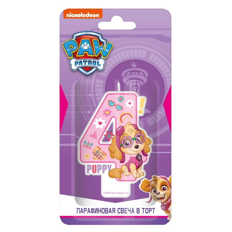 Щенячий патруль. Парафиновая свеча в торт (цифра 4 с героем) для девочек, в