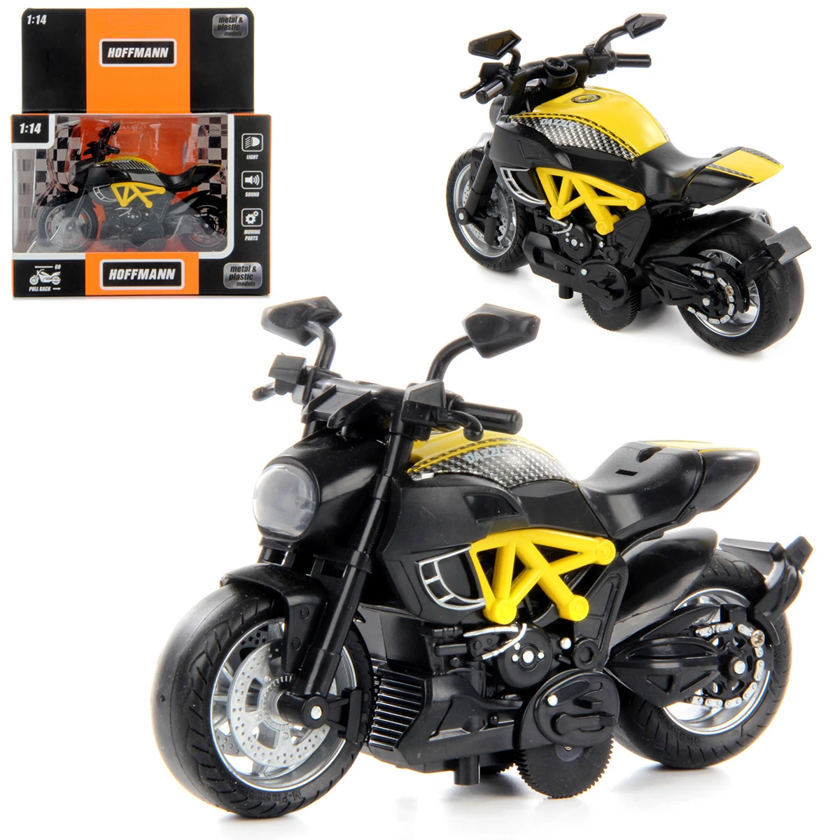 Мотоцикл металлический 1:14 YELLOW STYLE свет/звук, руль вращ., инерц.
