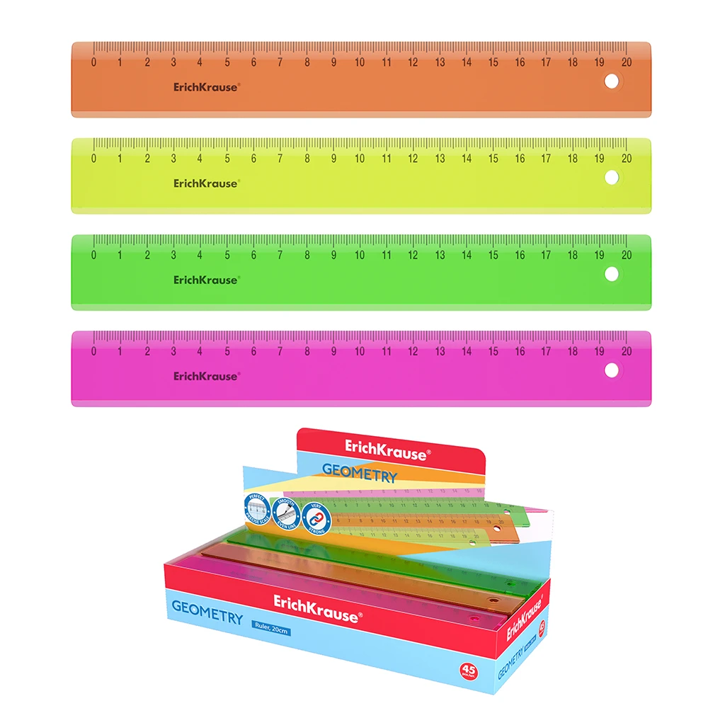 Линейка пластиковая Erich Krause Neon, 20см, ассорти из 4 цветов, в