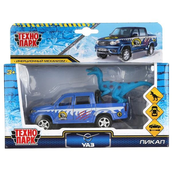 Машина металл UAZ PICKUP СНЕГ 12 см, двери, багаж, инерц, динозавр, Технопарк