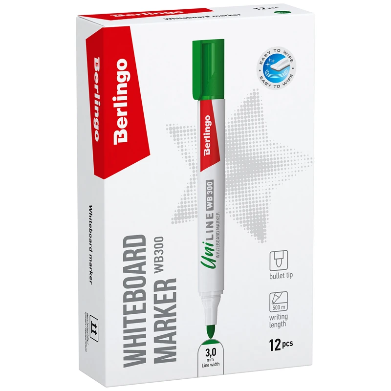 Маркер для белых досок Berlingo "Uniline WB300", зеленый, пулевидный, Маркер для белых досок Berlingo "Uniline WB300", зеленый, пулевидный,