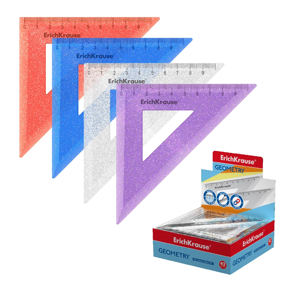 Угольник пластиковый ErichKrause® Glitter, 9см/45°, ассорти из 4 цветов, в Угольник пластиковый ErichKrause® Glitter, 9см/45°, ассорти из 4 цветов, в