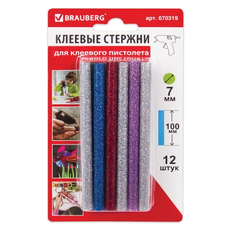 Клеевые стержни, диаметр 7 мм, длина 100 мм, цветные (ассорти), с блестками, Клеевые стержни, диаметр 7 мм, длина 100 мм, цветные (ассорти), с блестками,