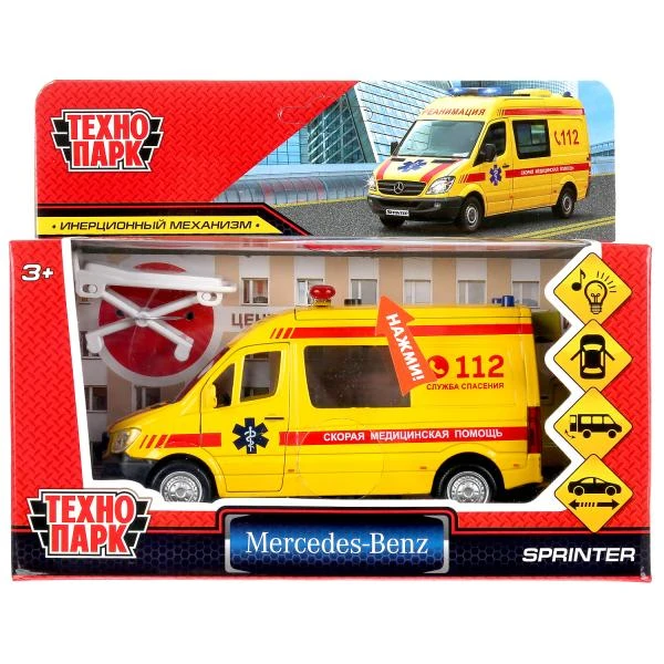 Машина свет-звук MERCEDES-BENZ SPRINTER РЕАНИМАЦИЯ 14 см, двер, инерц, Технопарк