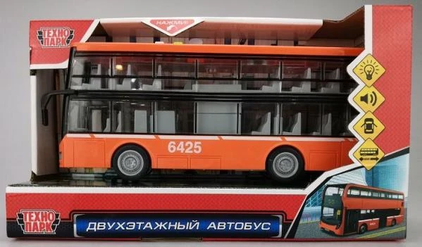 Машина пластик свет-звук ДВУХЭТАЖНЫЙ АВТОБУС 29см, инерция, оранж. Технопарк