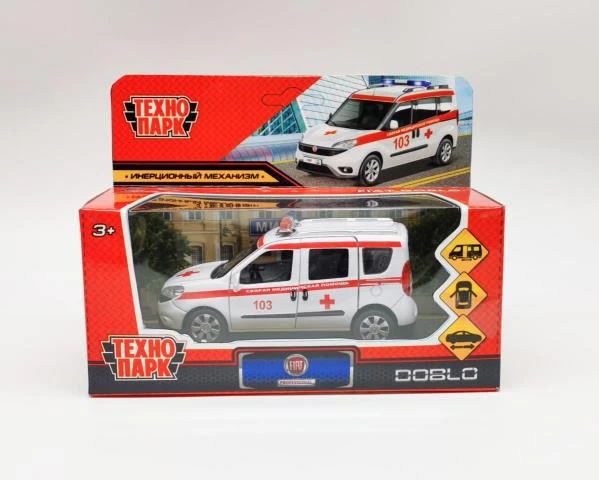 Машина металл FIAT DOBLO СКОРАЯ длина 12 см, двери, инерц, белый, Технопарк
