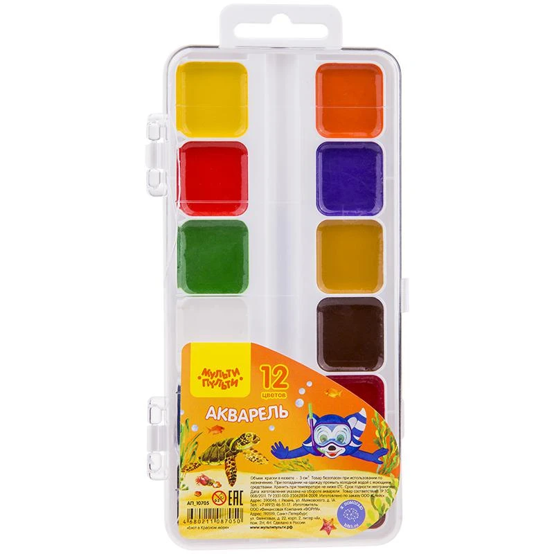 Акварель "Енот в Красном море" 12 цветов, без кисти, пласт. упак.,