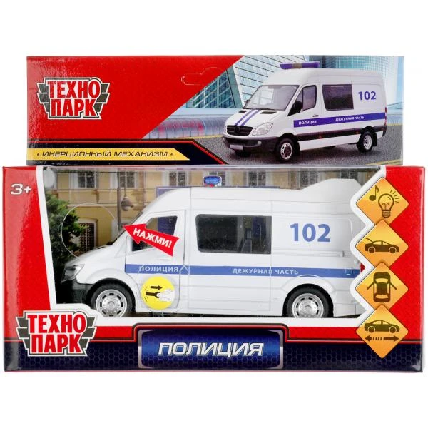 Машина металл свет-звук ПОЛИЦИЯ 14,5 см, двери, багаж, инерц, бел, Технопарк