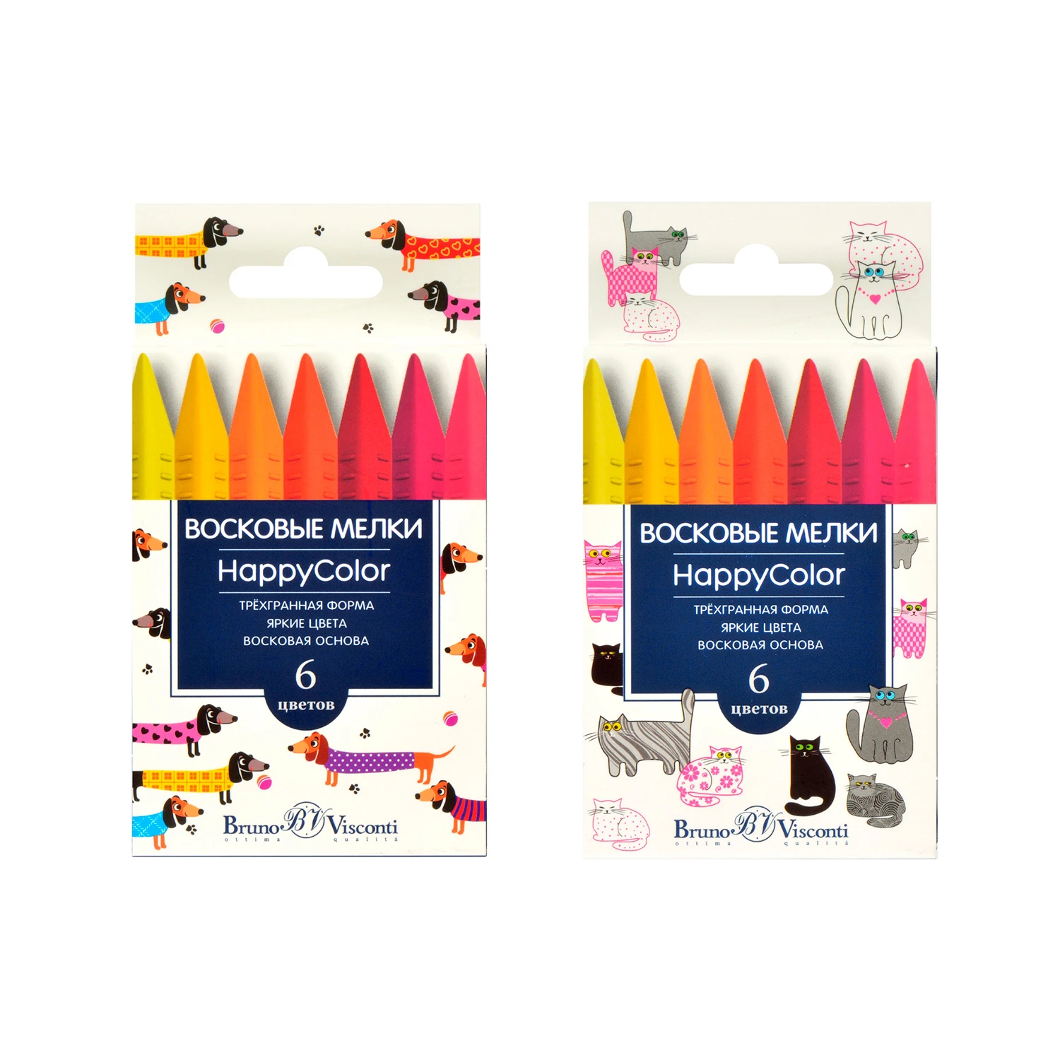 МЕЛКИ ВОСКОВЫЕ "HAPPYCOLOR", 6 ЦВ. (трехгранной формы), 2 ВИДА