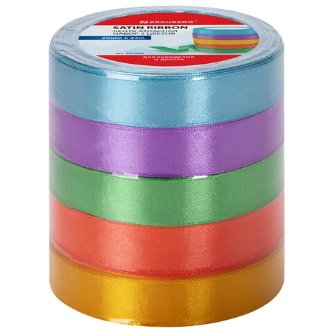 Лента атласная ширина 20 мм, набор 5 цветов по 23 м, BRAUBERG, 591504 Лента атласная ширина 20 мм, набор 5 цветов по 23 м, BRAUBERG, 591504