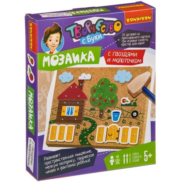 Набор для творчества BONDIBON. Мозаика с гвоздями и молоточком (прессованный Набор для творчества BONDIBON. Мозаика с гвоздями и молоточком (прессованный