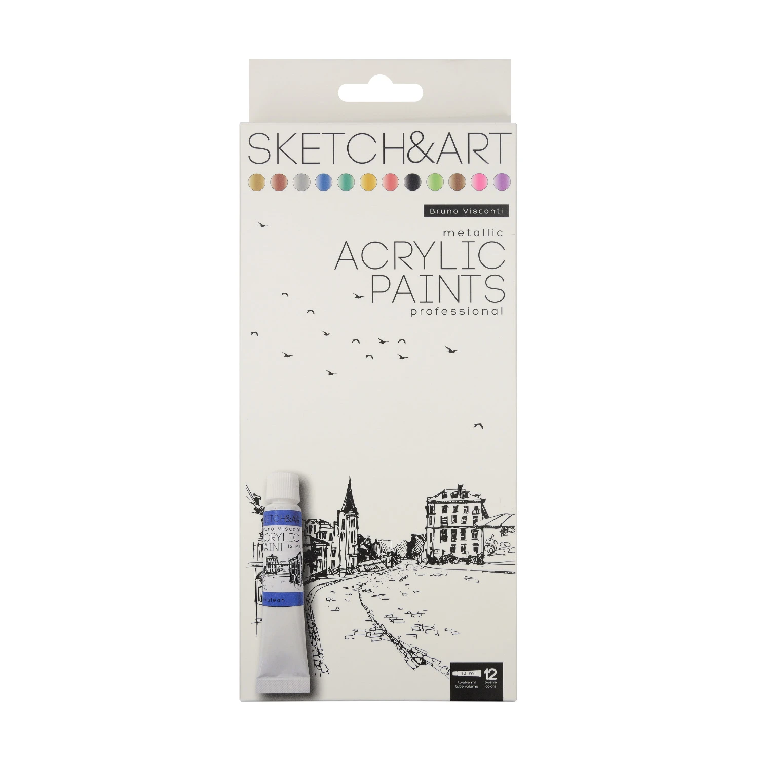 КРАСКИ АКРИЛОВЫЕ, 12 ЦВЕТОВ, МЕТАЛЛИЗИРОВАННЫЕ, 12 МЛ, В КОРОБКЕ-ПЕНАЛЕ