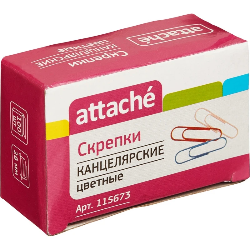 Скрепки 28 мм 100 шт./уп. ATTACHE С28-100П: полимер,кругл,цв,к/кор штр. 