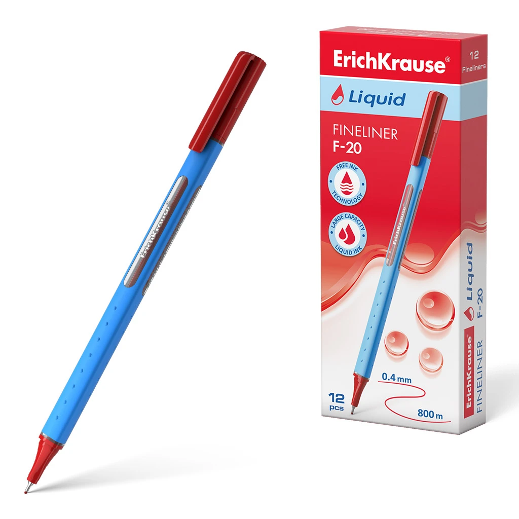 Ручка капиллярная ErichKrause® Liquid F-20, цвет чернил красный (в коробке по 12
