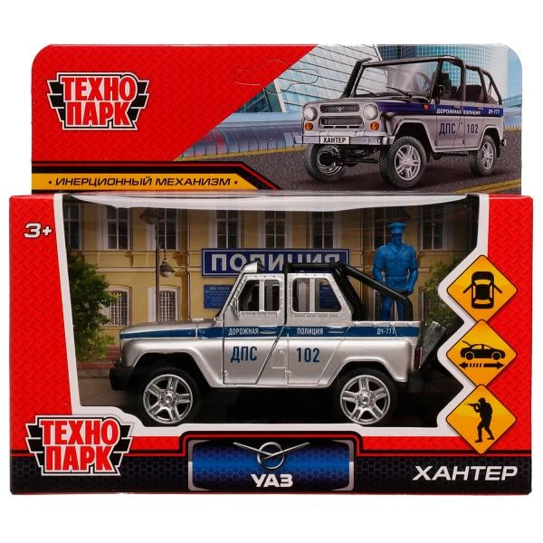 Машина металл UAZ HUNTER ПОЛИЦИЯ 11,5 см, двери, баг, ин, фигурка, асс,